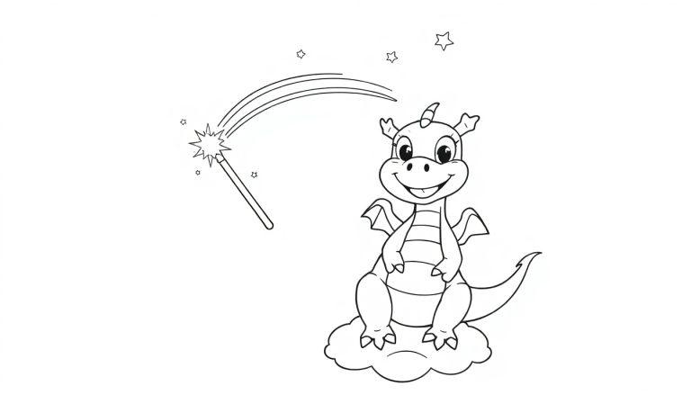 Eine Schwarzweiß-Farbtafel eines niedlichen Cartoon-Drachen auf einer Wolke, der mit seinem Zauberstab einen Regenbogen malt.