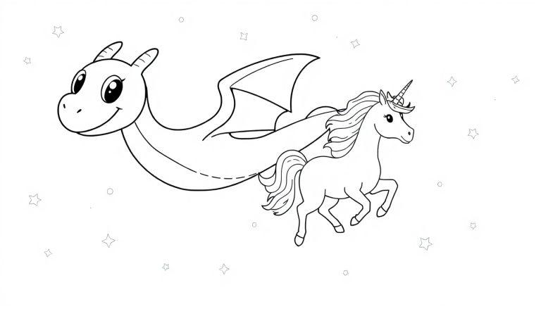 Eine schwarz-weiße Farbtafel eines niedlichen Cartoon-Drachens und eines Einhorns, die nebeneinander schweben.