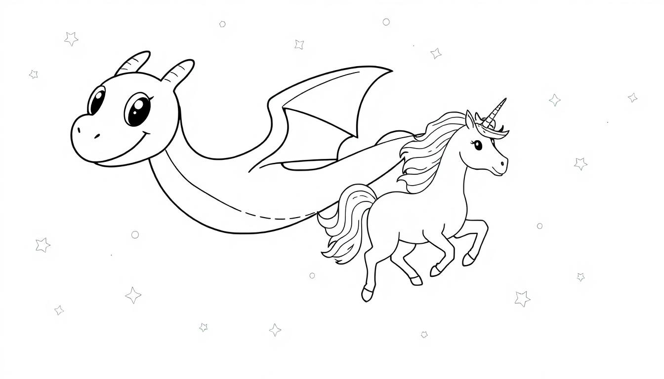 Eine schwarz-weiße Farbtafel eines niedlichen Cartoon-Drachens und eines Einhorns, die nebeneinander schweben.
