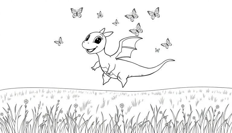 Eine Schwarz-Weiß-Farbtafel eines freundlichen Drachen, der über eine Blumenwiese fliegt, umgeben von Schmetterlingen.