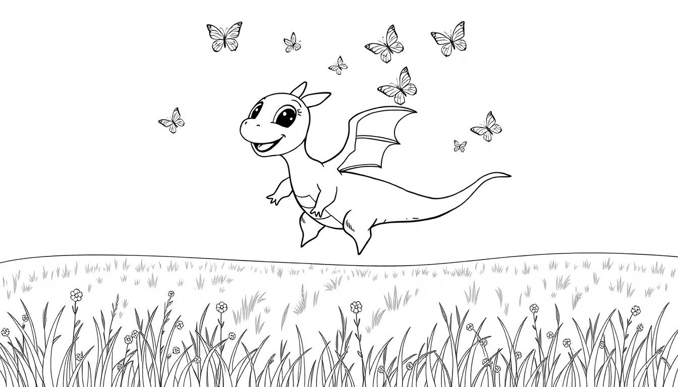 Eine Schwarz-Weiß-Farbtafel eines freundlichen Drachen, der über eine Blumenwiese fliegt, umgeben von Schmetterlingen.