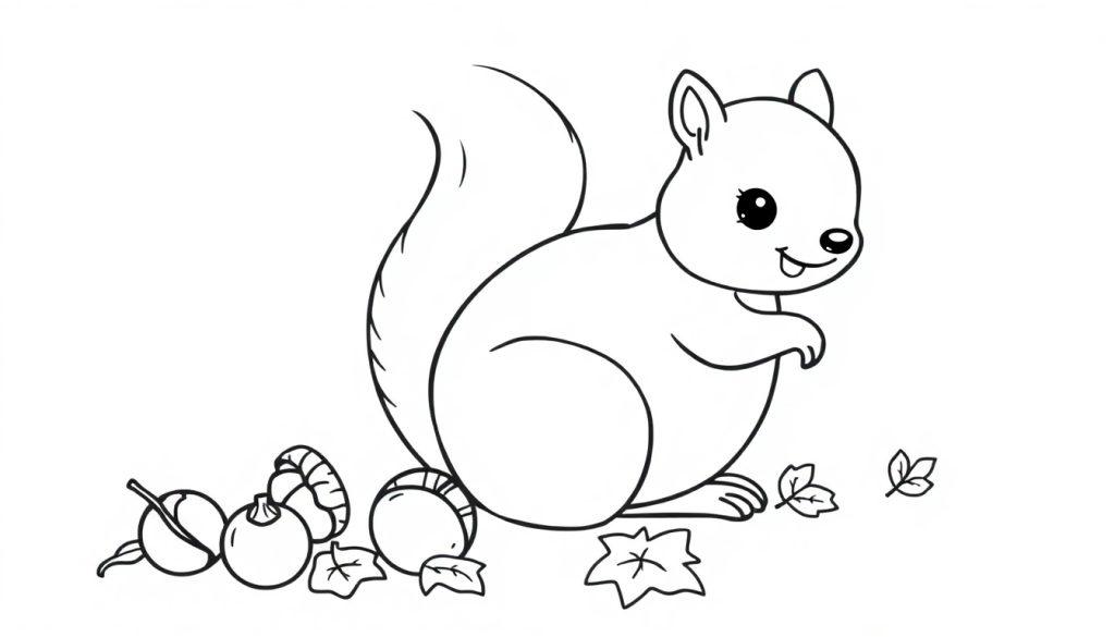 Ein süßes schwarz-weiß Cartoon-Eichhörnchen sammelt Nüsse, eine Farbtafel für Kinder.
