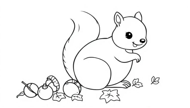 Ein süßes schwarz-weiß Cartoon-Eichhörnchen sammelt Nüsse, eine Farbtafel für Kinder.