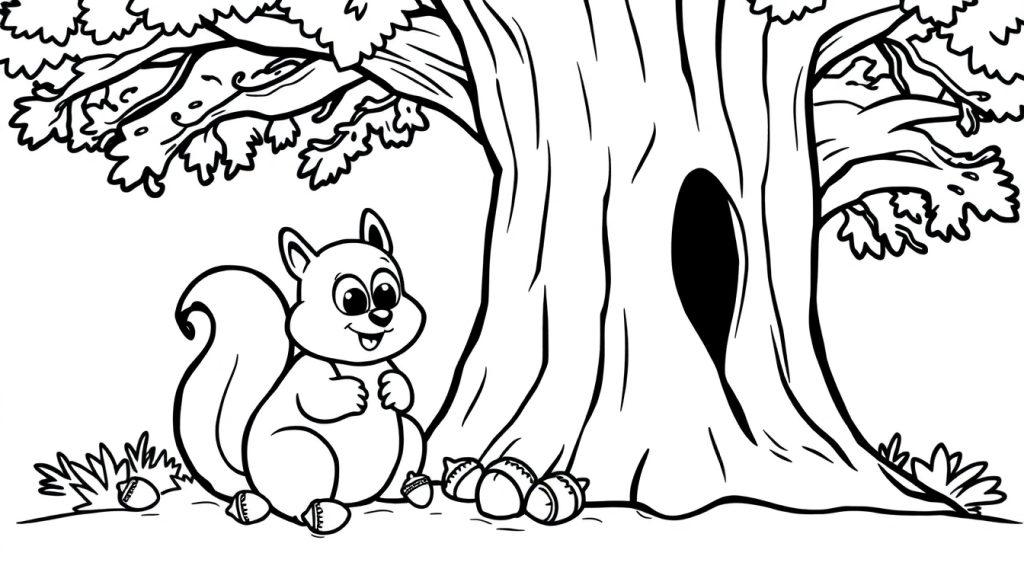 Schwarz-weiß Farbtafel: Ein Eichhörnchen versteckt Eicheln bei einem Baum.