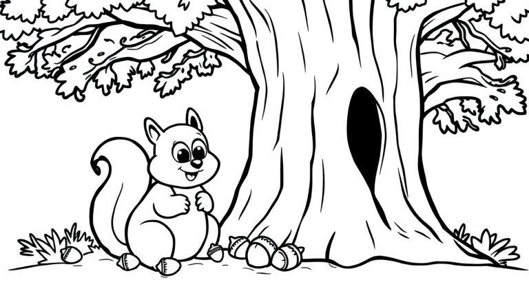 Schwarz-weiß Farbtafel: Ein Eichhörnchen versteckt Eicheln bei einem Baum.