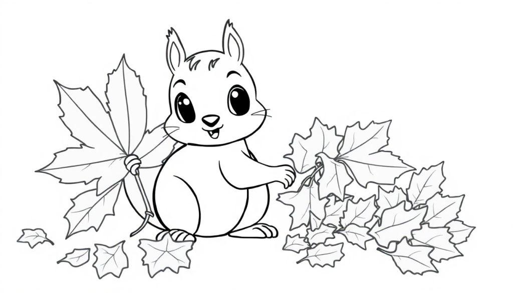 Niedliches Eichhörnchen auf einer Farbtafel, das Herbstblätter sammelt.
