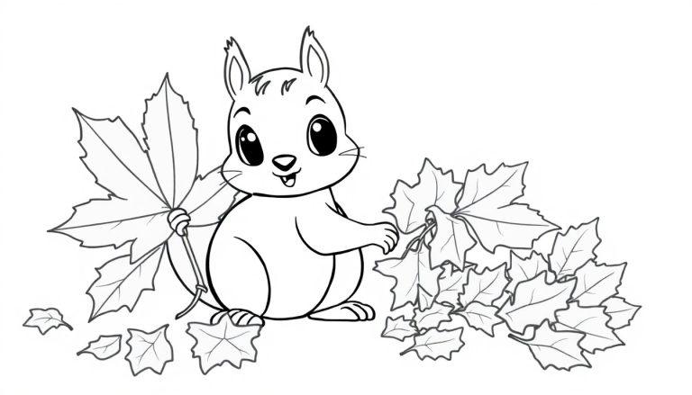 Niedliches Eichhörnchen auf einer Farbtafel, das Herbstblätter sammelt.