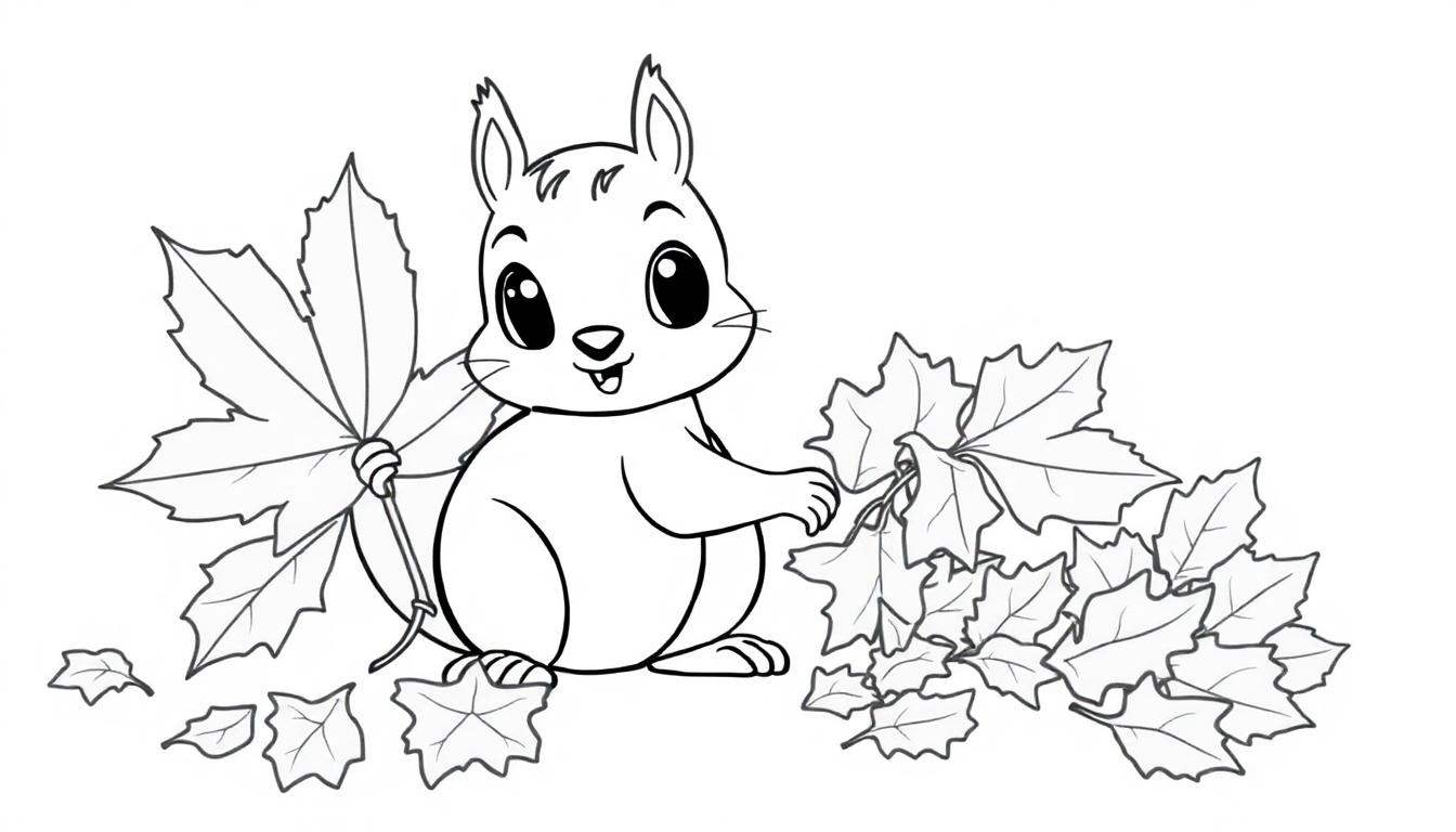 Niedliches Eichhörnchen auf einer Farbtafel, das Herbstblätter sammelt.