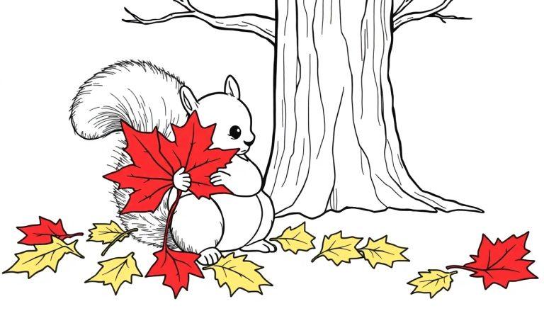 Schwarz-weiße Farbtafel eines Eichhörnchens mit einem roten Ahornblatt vor einem Baum, umgeben von bunten Blättern.