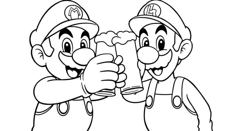 Mario und Luigi stoßen Gläser an und lächeln.
