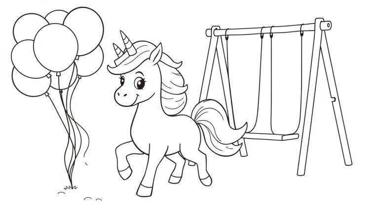 Eine Schwarz-Weiß-Farbtafel eines süßen Einhorns mit einer wallenden Mähne, das neben einer Schaukel und schwebenden Ballons steht. Die Illustration ist einfach, perfekt zum Ausmalen.