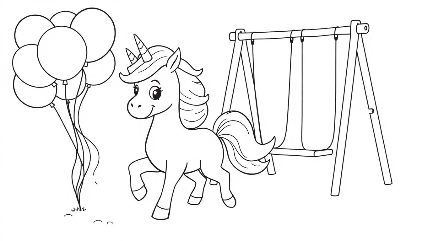 Eine Schwarz-Weiß-Farbtafel eines süßen Einhorns mit einer wallenden Mähne, das neben einer Schaukel und schwebenden Ballons steht. Die Illustration ist einfach, perfekt zum Ausmalen.