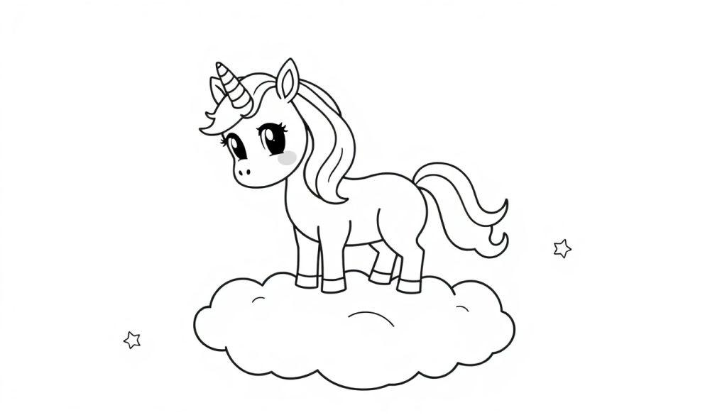 Niedliches Einhorn auf einer Wolke als Farbtafel