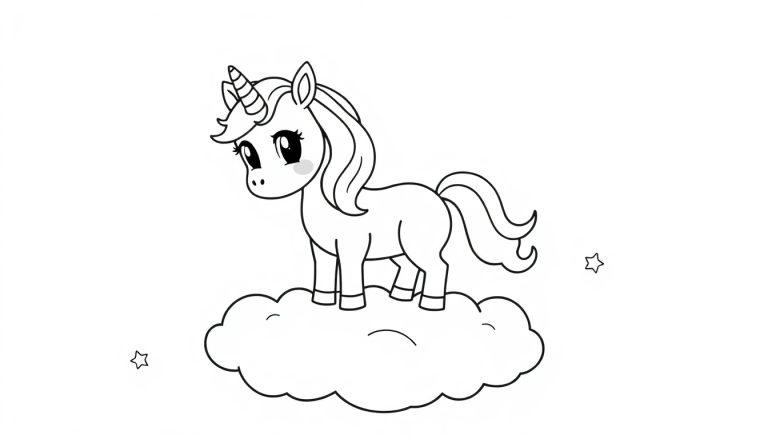 Niedliches Einhorn auf einer Wolke als Farbtafel