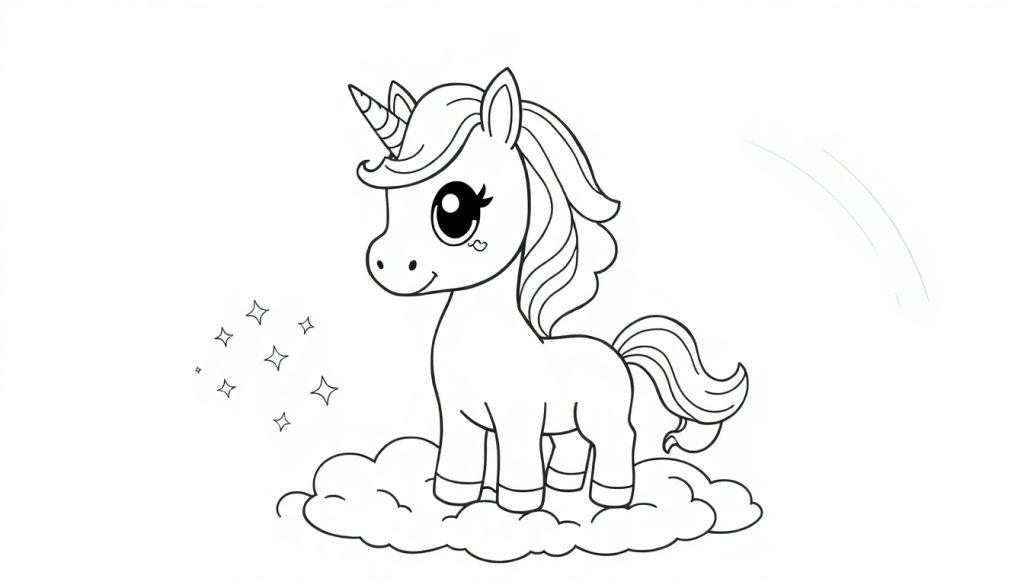 Niedliches Schwarz-Weiß-Einhorn auf einer Wolke, bereit zum Ausmalen, eine Farbtafel.
