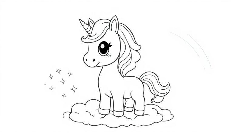 Niedliches Schwarz-Weiß-Einhorn auf einer Wolke, bereit zum Ausmalen, eine Farbtafel.