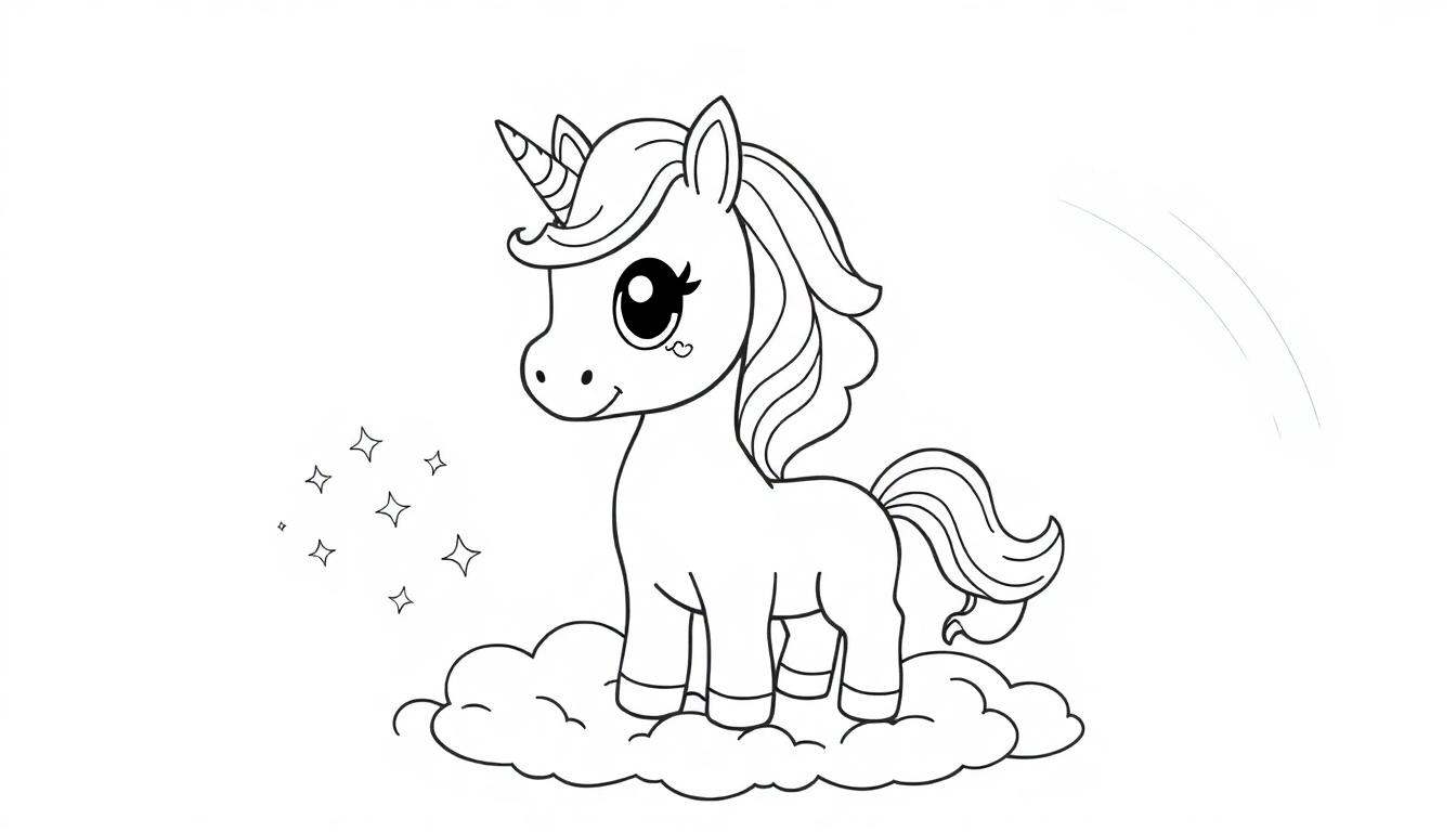 Niedliches Schwarz-Weiß-Einhorn auf einer Wolke, bereit zum Ausmalen, eine Farbtafel.