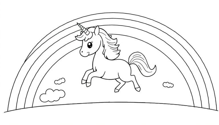 Schwarz-Weiß-Farbtafel-Illustration eines Einhorns, das über einen Regenbogen galoppiert.