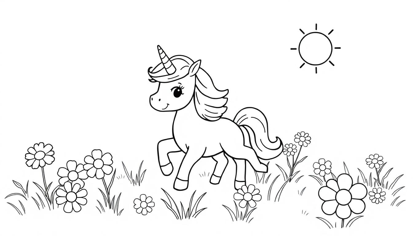 Schwarz-weiße Farbtafel: Ein niedliches Einhorn auf einer Blumenwiese mit einer Sonne.
