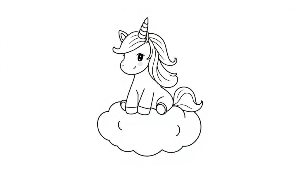Schwarz-weiße Farbtafel eines niedlichen Cartoon-Einhorns mit einem spiralförmigen Horn, das auf einer flauschigen Wolke sitzt.