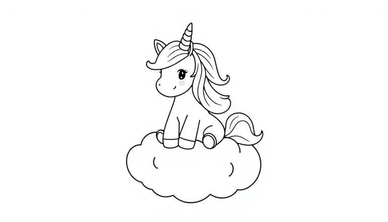 Schwarz-weiße Farbtafel eines niedlichen Cartoon-Einhorns mit einem spiralförmigen Horn, das auf einer flauschigen Wolke sitzt.