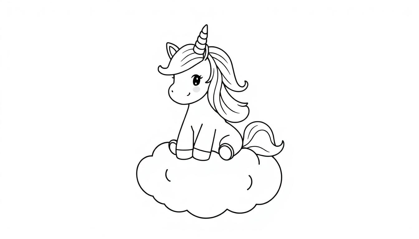 Schwarz-weiße Farbtafel eines niedlichen Cartoon-Einhorns mit einem spiralförmigen Horn, das auf einer flauschigen Wolke sitzt.