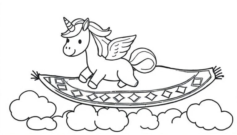 Schwarz-weiße Farbtafel eines freundlichen Cartoon-Einhorns mit Flügeln, das auf einem dekorierten Teppich über Wolken fliegt.