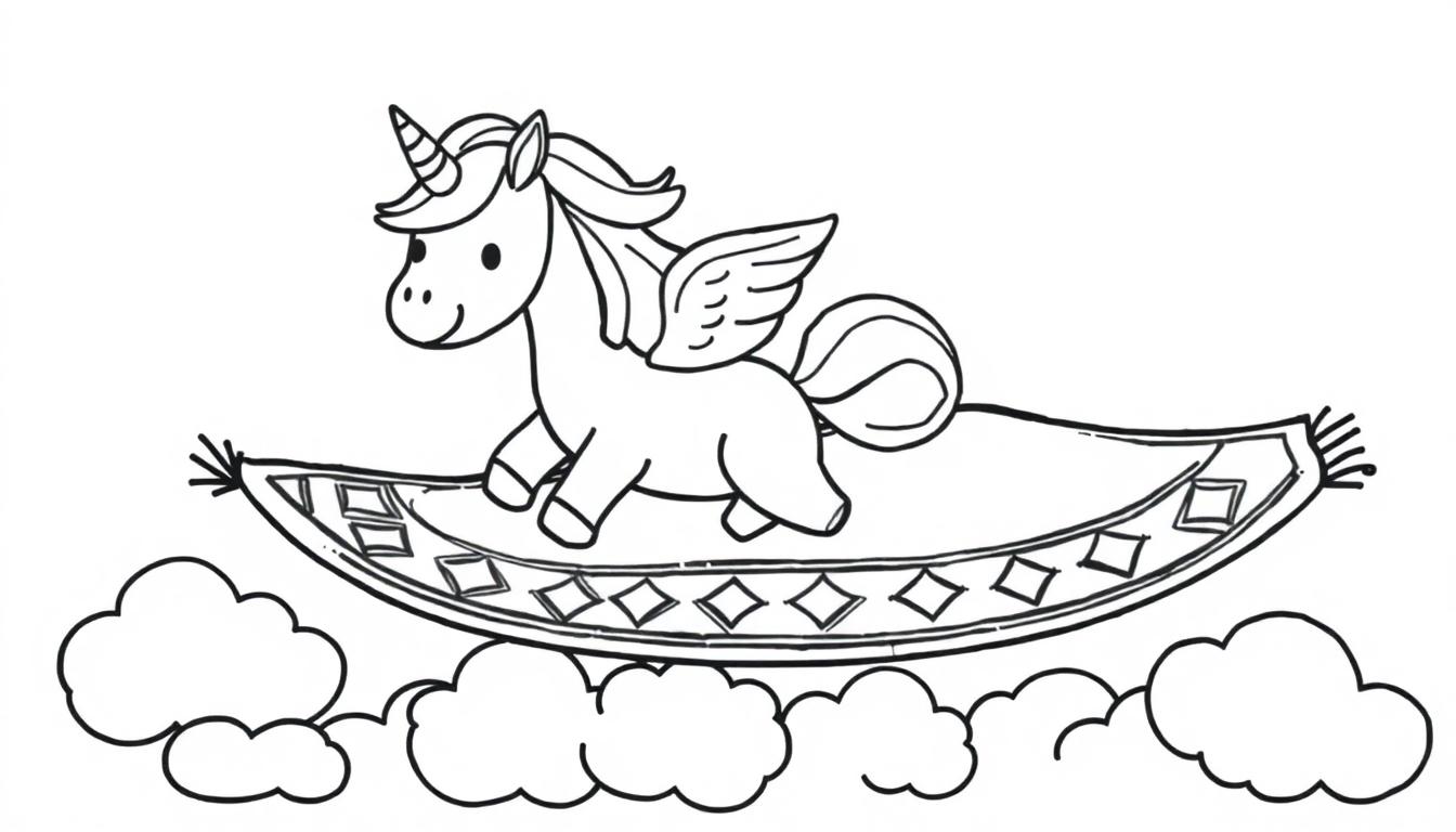 Schwarz-weiße Farbtafel eines freundlichen Cartoon-Einhorns mit Flügeln, das auf einem dekorierten Teppich über Wolken fliegt.