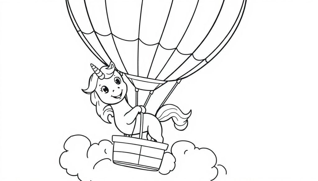 Schwarz-weiß Cartoon-Farbtafel eines lächelnden Einhorns in einem Heißluftballon über Wolken.