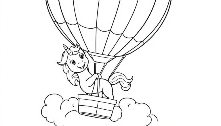 Schwarz-weiß Cartoon-Farbtafel eines lächelnden Einhorns in einem Heißluftballon über Wolken.