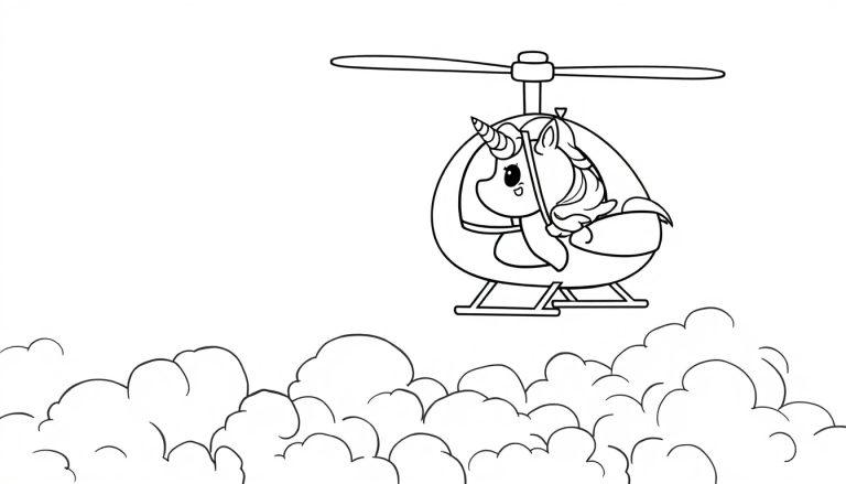 Eine Schwarz-Weiß-Farbtafel eines Einhorns, das einen Hubschrauber über Wolken fliegt.