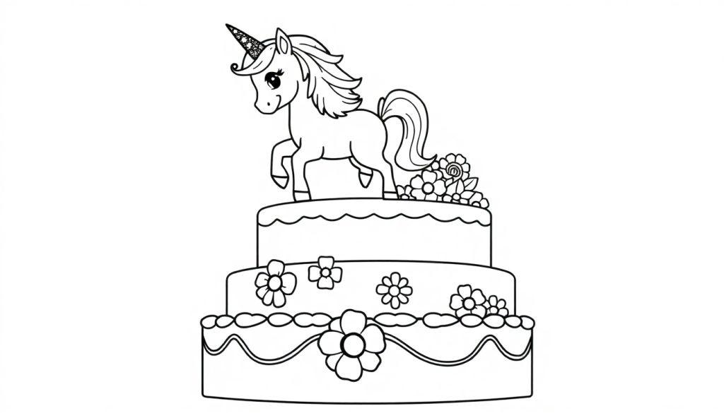 Eine Schwarz-Weiß-Farbtafel eines dreistöckigen Kuchens mit einem Einhorn auf der obersten Ebene und Blumenverzierungen.