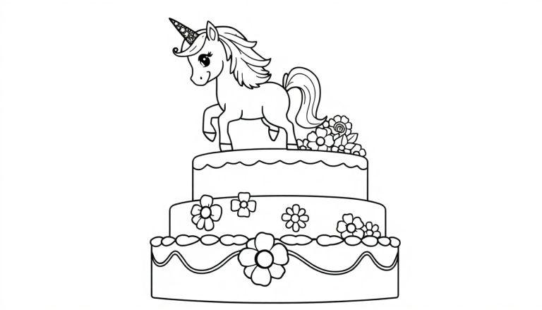 Eine Schwarz-Weiß-Farbtafel eines dreistöckigen Kuchens mit einem Einhorn auf der obersten Ebene und Blumenverzierungen.