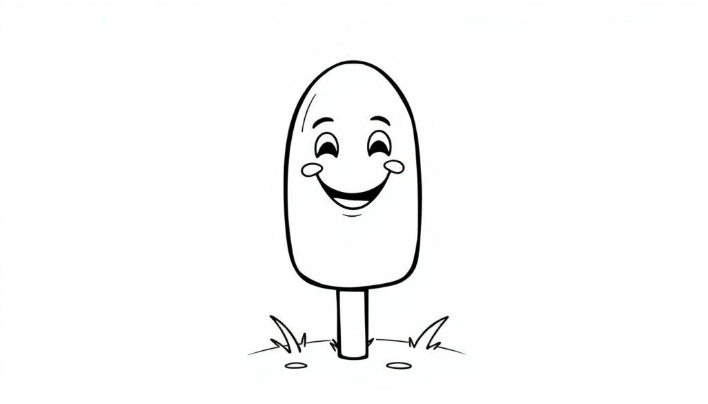 Eine Schwarz-Weiß-Farbtafel eines Eis am Stiel mit einem fröhlichen Smiley-Gesicht.