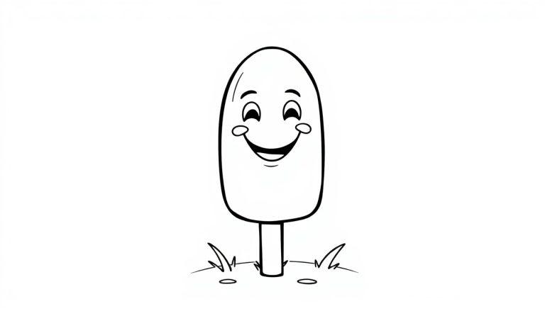 Eine Schwarz-Weiß-Farbtafel eines Eis am Stiel mit einem fröhlichen Smiley-Gesicht.