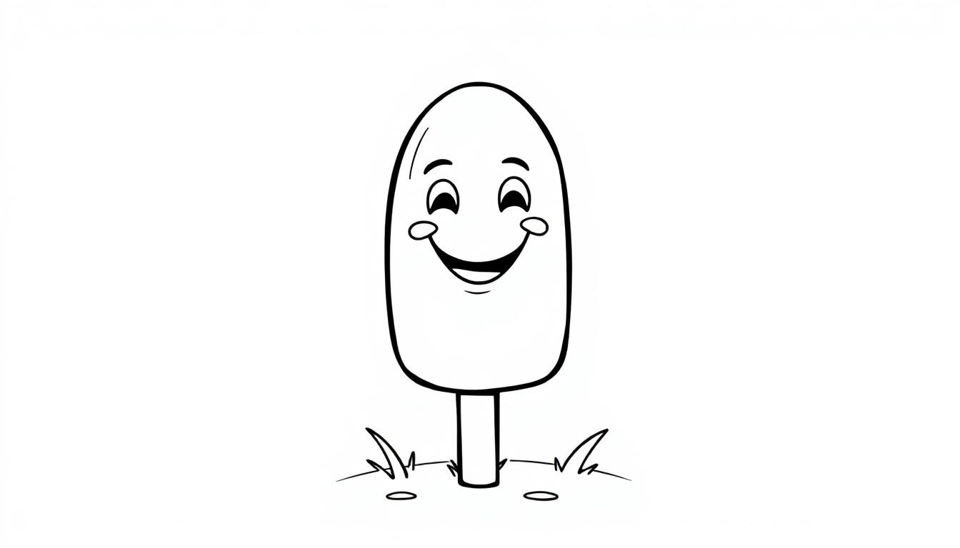 Eine Schwarz-Weiß-Farbtafel eines Eis am Stiel mit einem fröhlichen Smiley-Gesicht.