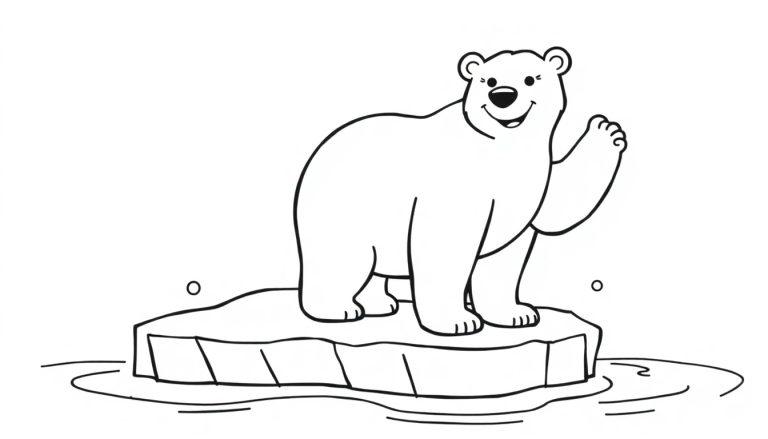 Schwarz-weiße Farbtafel eines lächelnden Eisbären, der auf einer Eisscholle winkt.