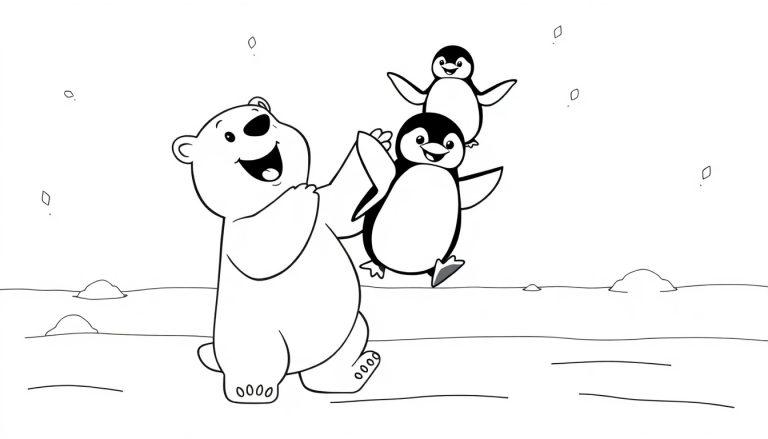 Schwarz-Weiß-Farbtafel einer freundlichen Eisbär-Mutter mit zwei Pinguinkindern auf ihrem Rücken.