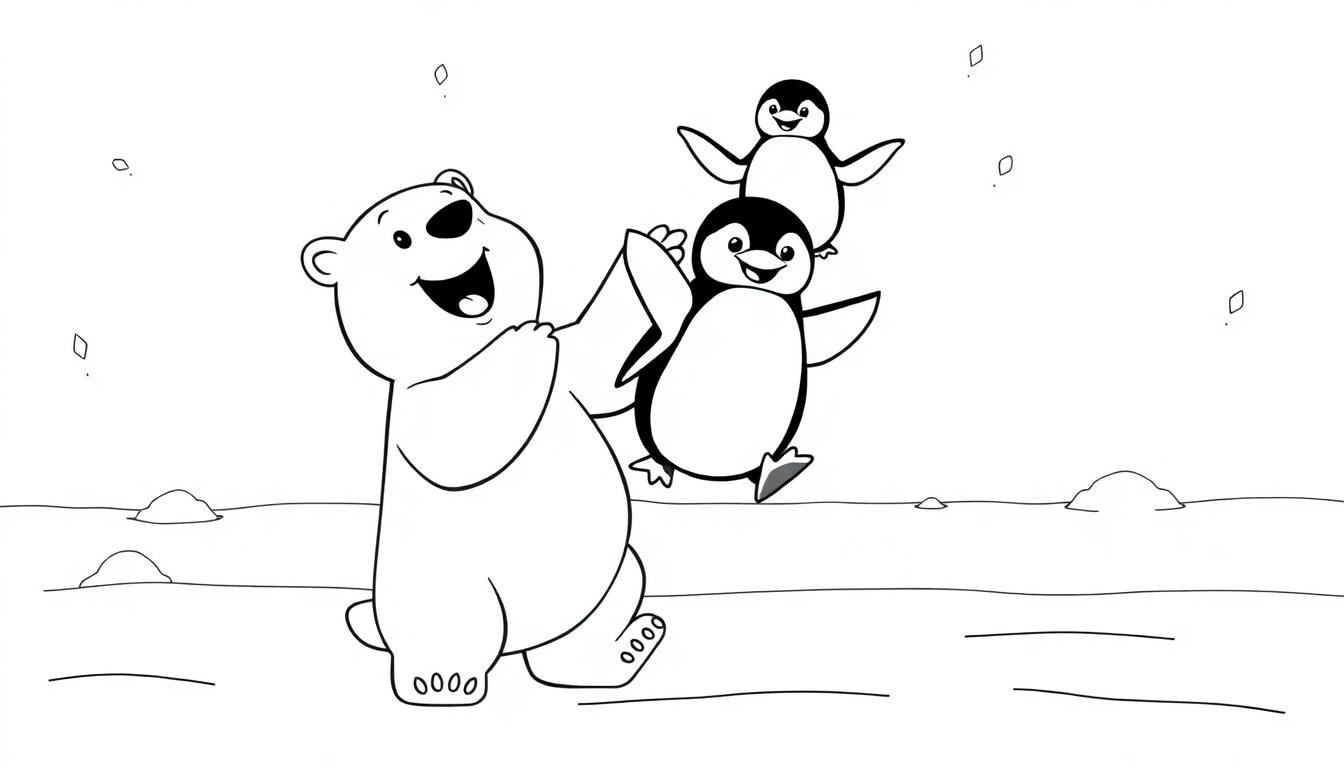 Schwarz-Weiß-Farbtafel einer freundlichen Eisbär-Mutter mit zwei Pinguinkindern auf ihrem Rücken.