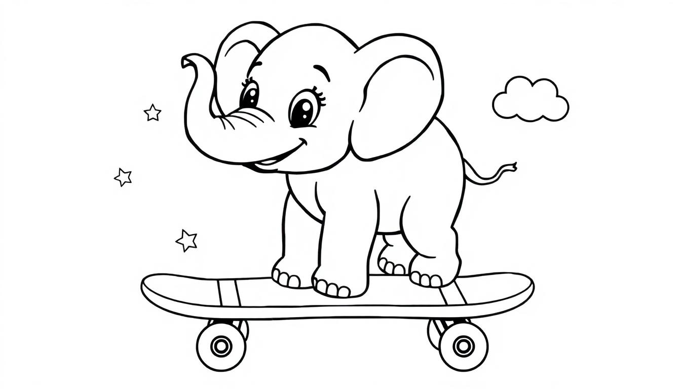 Niedlicher Cartoon-Elefant auf einem Skateboard, bereit zum Ausmalen auf einer Farbtafel.