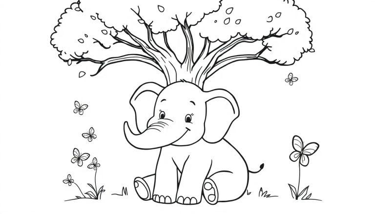 Schwarz-Weiß-Cartoon eines freundlichen Elefanten, der unter einem Baum sitzt, umgeben von Schmetterlingen.