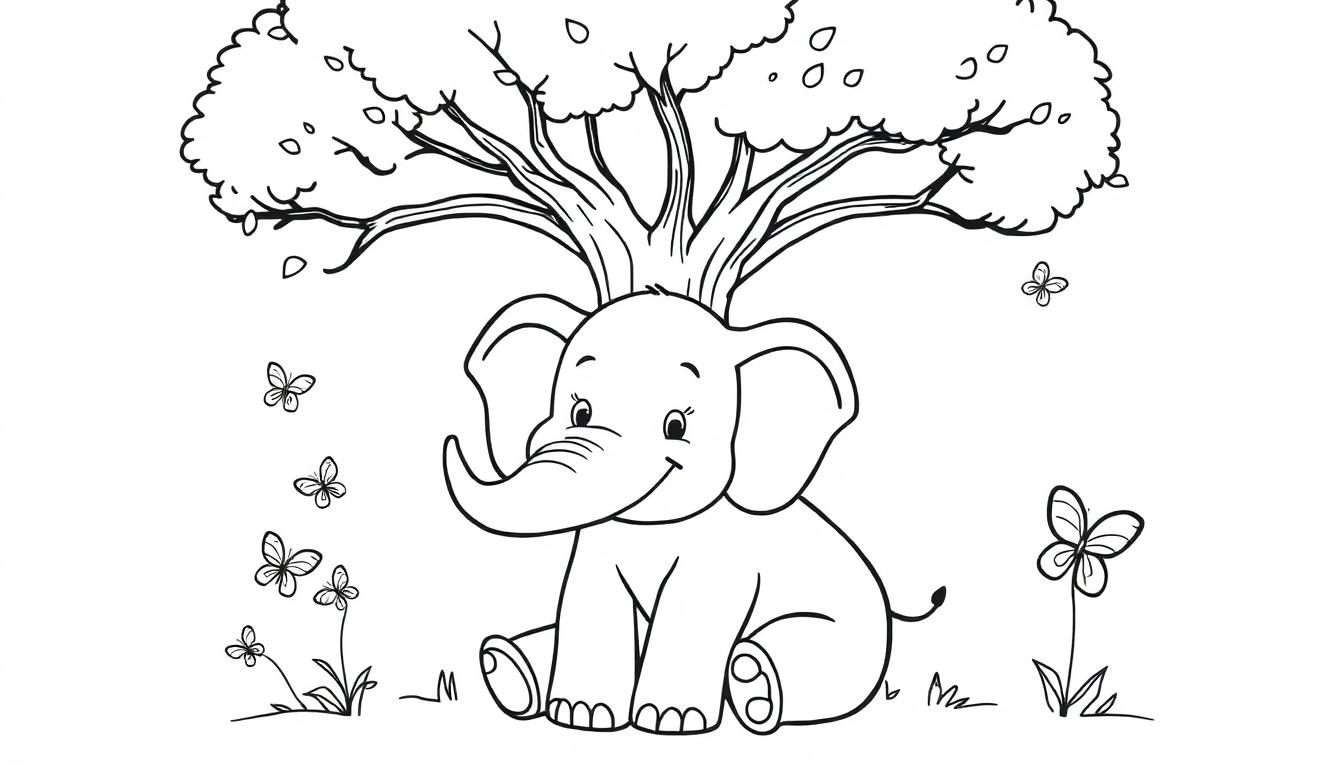 Schwarz-Weiß-Cartoon eines freundlichen Elefanten, der unter einem Baum sitzt, umgeben von Schmetterlingen.
