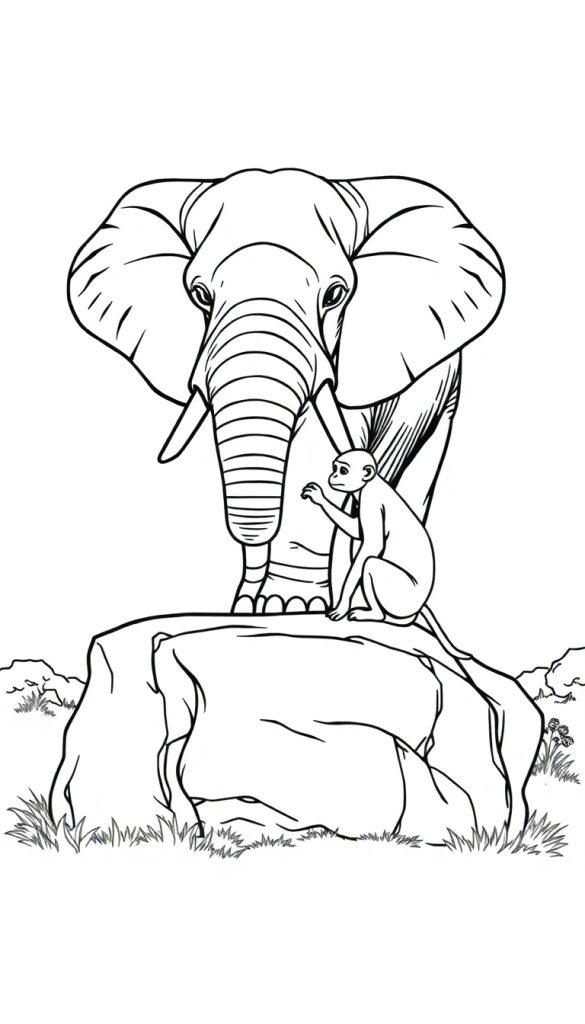 Ein Elefant und ein Affe auf einem Felsen, gezeichnet in einem einfachen Schwarz-Weiß-Stil.