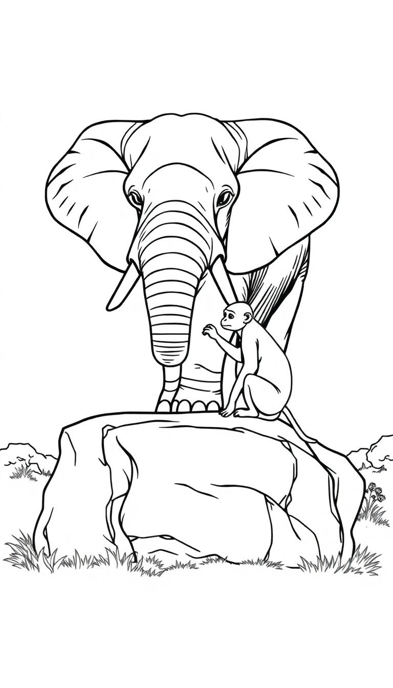 Ein Elefant und ein Affe auf einem Felsen, gezeichnet in einem einfachen Schwarz-Weiß-Stil.