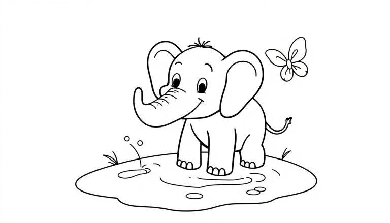 Zeichnung eines Elefanten, der in einer Wasserpfütze steht, mit einem Schmetterling darüber.