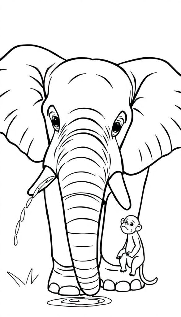 Ein großer Elefant spritzt Wasser aus seinem Rüssel auf einen kleinen, wütend dreinschauenden Affen am Boden.