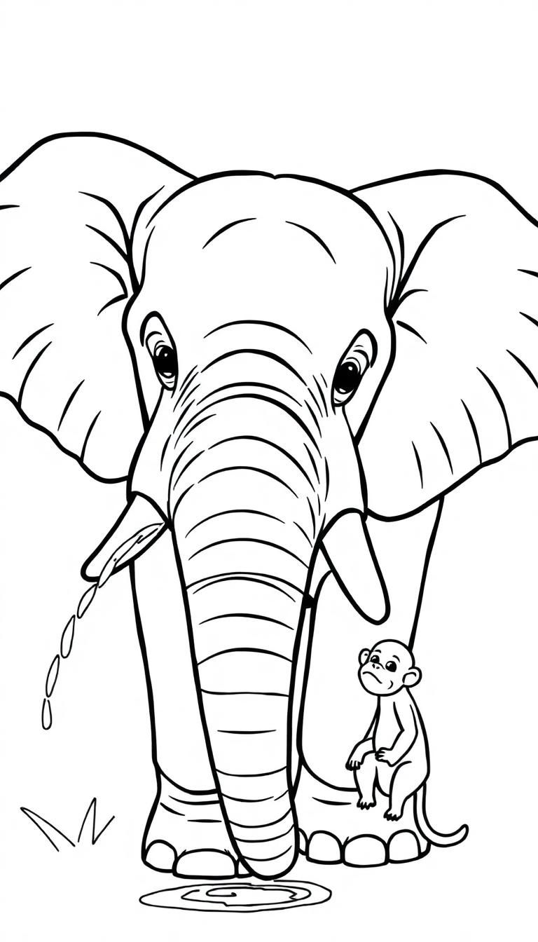 Ein großer Elefant spritzt Wasser aus seinem Rüssel auf einen kleinen, wütend dreinschauenden Affen am Boden.
