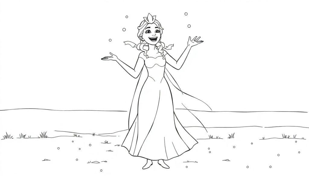 Eine Schwarzweißzeichnung von Elsa, die im Schnee steht und ihre Arme ausstreckt, mit einem Diadem auf dem Kopf. Es ist eine Farbtafel-Vorschau.