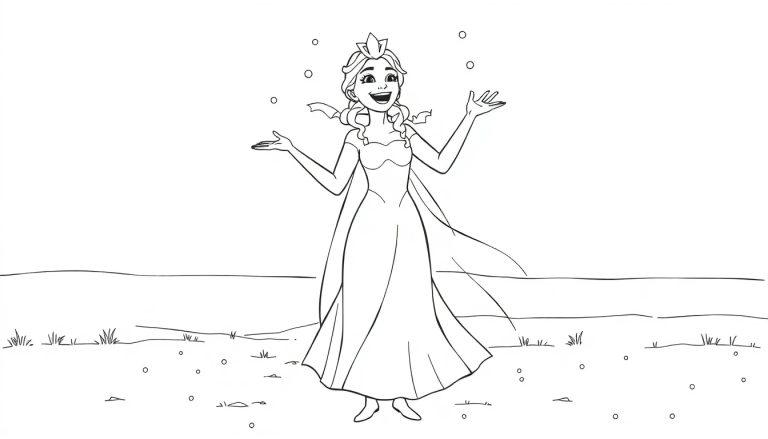 Eine Schwarzweißzeichnung von Elsa, die im Schnee steht und ihre Arme ausstreckt, mit einem Diadem auf dem Kopf. Es ist eine Farbtafel-Vorschau.