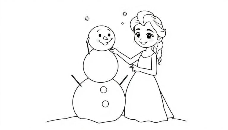 Elsa, die niedliche kleine Prinzessin, bewundert einen lustigen Schneemann, eine Schwarz-Weiß-Farbtafel.